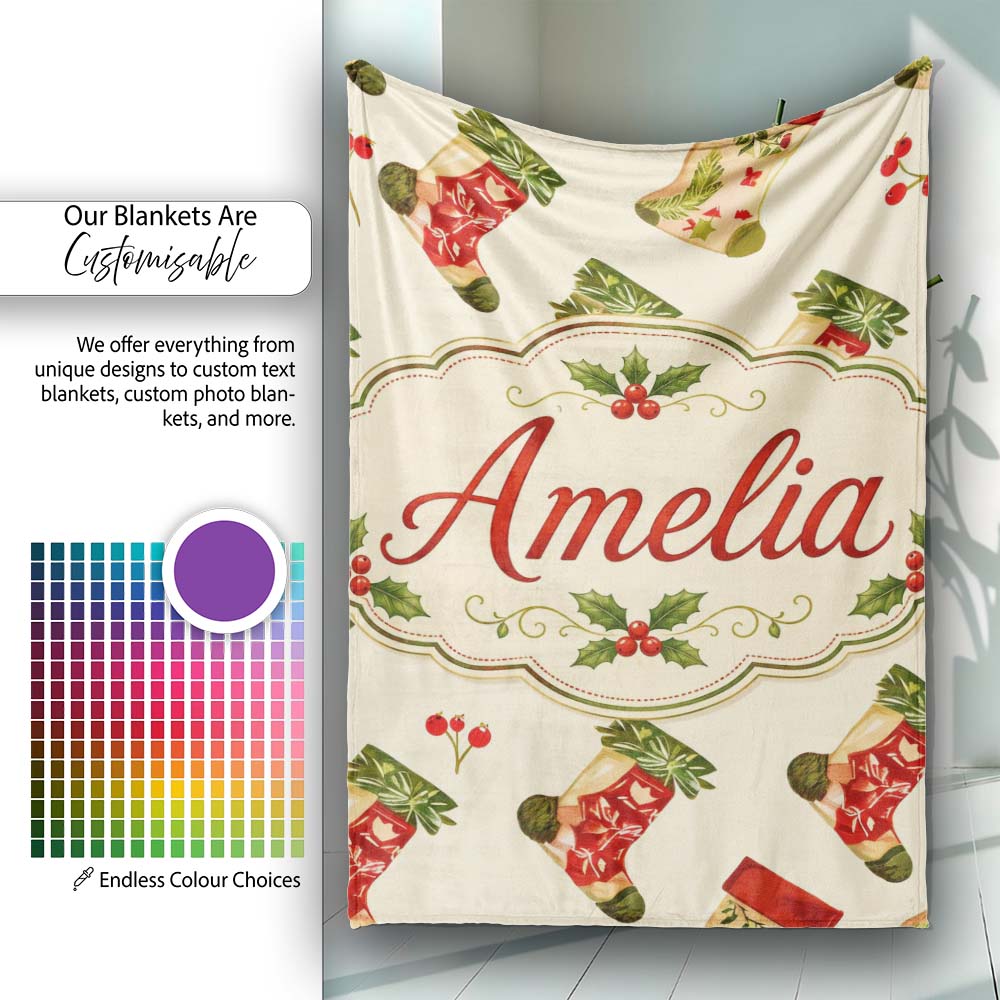 Watercolor Christmas Stockings with Holly Berries Festive Holiday  Personalised Custom Name Super Soft Fleece Blanket Bed Sofa Throw