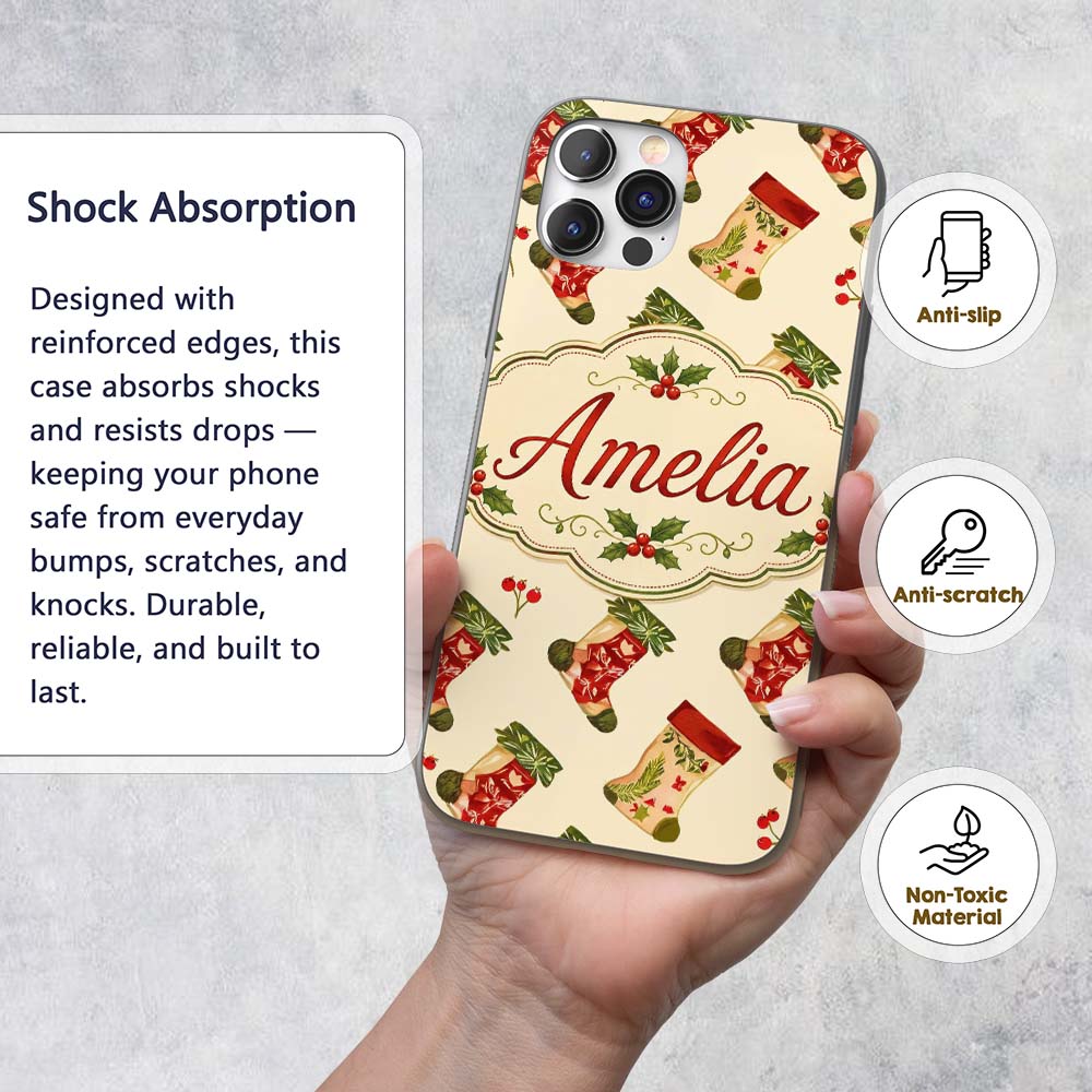Watercolor Christmas Stockings with Holly Berries Custom Name Protective Phone Case Mobile Cover Durable Everyday Smartphone Shock Resistant