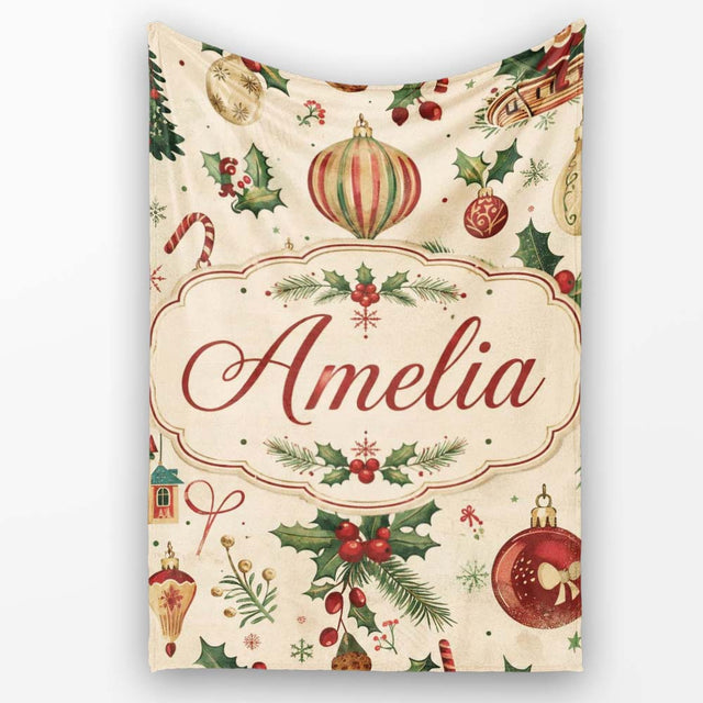 Vintage Christmas Baubles Holly Leaves and Winter Elements Classic  Personalised Custom Name Super Soft Fleece Blanket Bed Sofa Throw