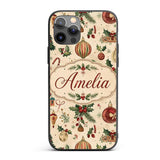 Vintage Christmas Baubles Holly Leaves and Winter Custom Name Protective Phone Case Mobile Cover Durable Everyday Smartphone Shock Resistant