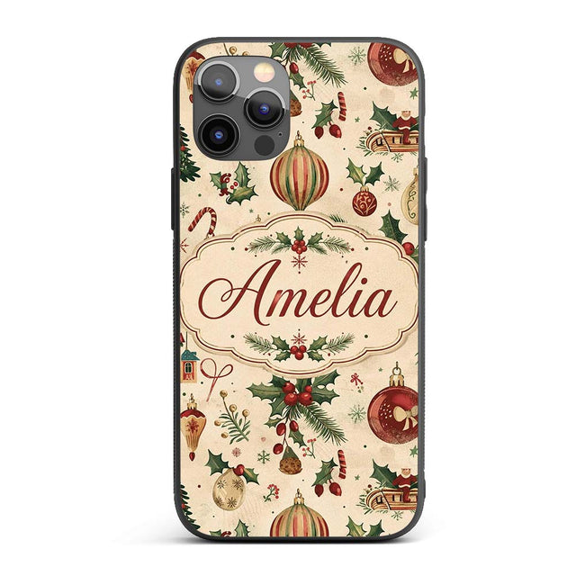 Vintage Christmas Baubles Holly Leaves and Winter Custom Name Protective Phone Case Mobile Cover Durable Everyday Smartphone Shock Resistant