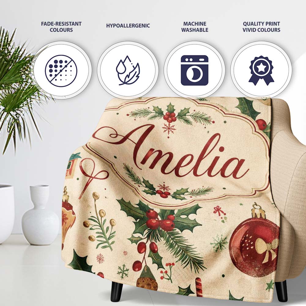 Vintage Christmas Baubles Holly Leaves and Winter Elements Classic  Personalised Custom Name Super Soft Fleece Blanket Bed Sofa Throw