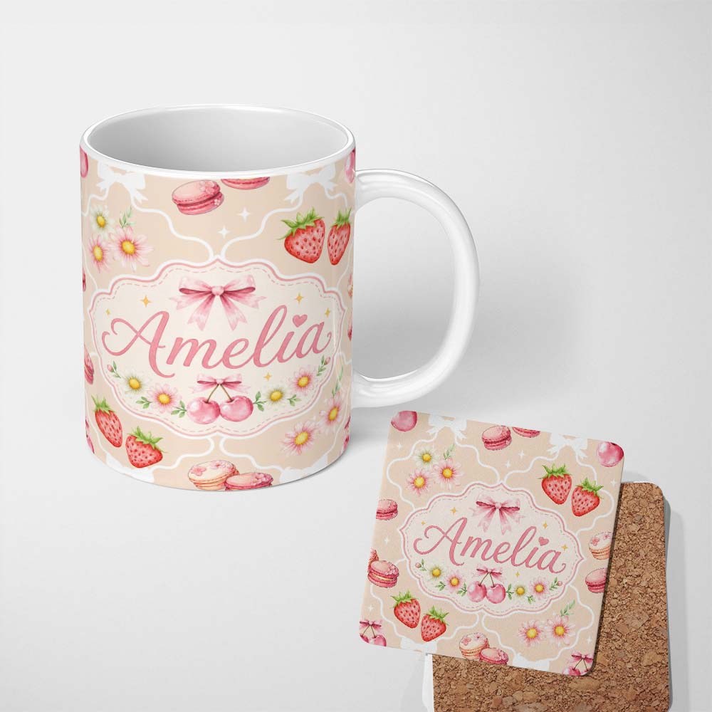 Personalized Custom Name Cute Strawberry Cherry Daisy Floral Bow Sweet Dessert Soft Sand 11oz Ceramic Coffee Tea Mug White Large Handle