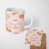 Personalized Custom Name Cute Strawberry Cherry Daisy Floral Bow Sweet Dessert Soft Sand 11oz Ceramic Coffee Tea Mug White Large Handle