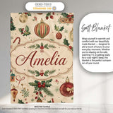 Vintage Christmas Baubles Holly Leaves and Winter Elements Classic  Personalised Custom Name Super Soft Fleece Blanket Bed Sofa Throw