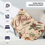 Vintage Christmas Baubles Holly Leaves and Winter Elements Classic  Personalised Custom Name Super Soft Fleece Blanket Bed Sofa Throw