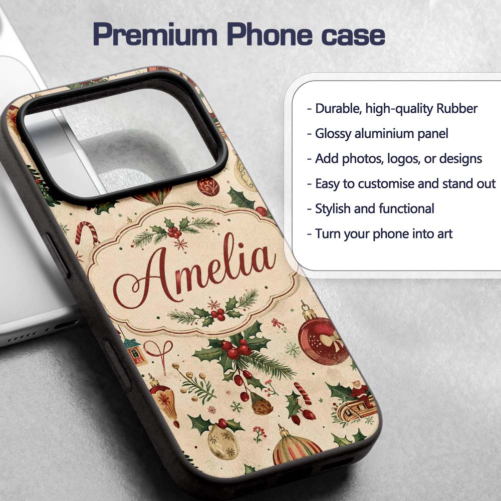 Vintage Christmas Baubles Holly Leaves and Winter Custom Name Protective Phone Case Mobile Cover Durable Everyday Smartphone Shock Resistant