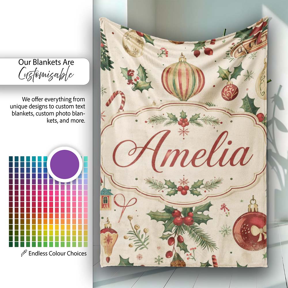 Vintage Christmas Baubles Holly Leaves and Winter Elements Classic  Personalised Custom Name Super Soft Fleece Blanket Bed Sofa Throw