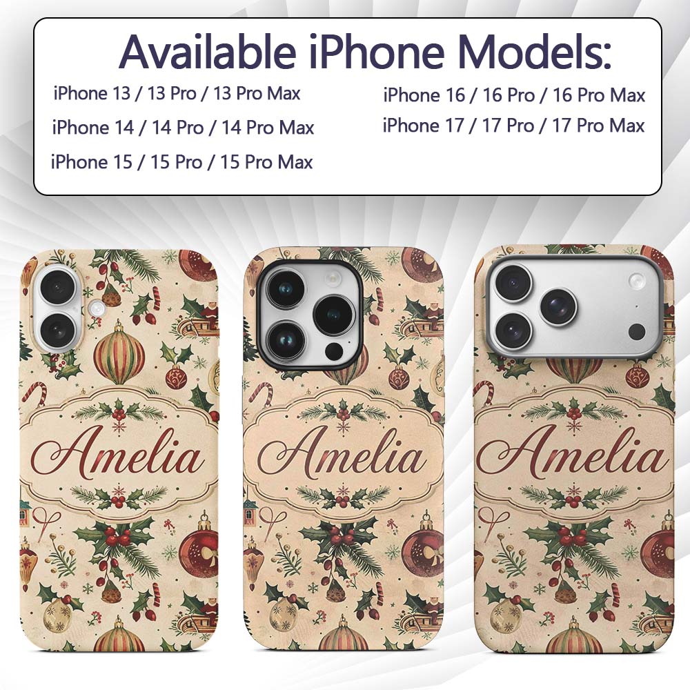 Vintage Christmas Baubles Holly Leaves and Winter Custom Name Protective Phone Case Mobile Cover Durable Everyday Smartphone Shock Resistant