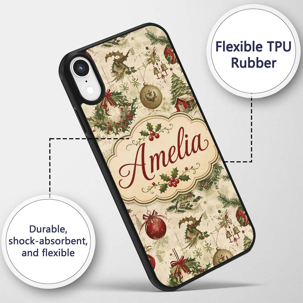 Vintage Christmas Wreaths Bells Baubles Seamless Custom Name Protective Phone Case Mobile Cover Durable Everyday Smartphone Shock Resistant