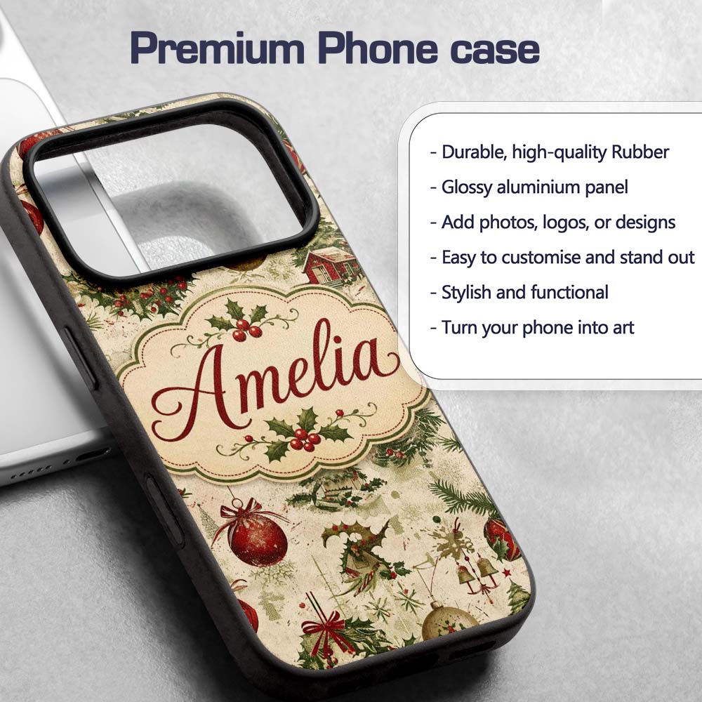 Vintage Christmas Wreaths Bells Baubles Seamless Custom Name Protective Phone Case Mobile Cover Durable Everyday Smartphone Shock Resistant