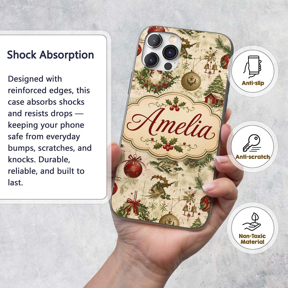 Vintage Christmas Wreaths Bells Baubles Seamless Custom Name Protective Phone Case Mobile Cover Durable Everyday Smartphone Shock Resistant