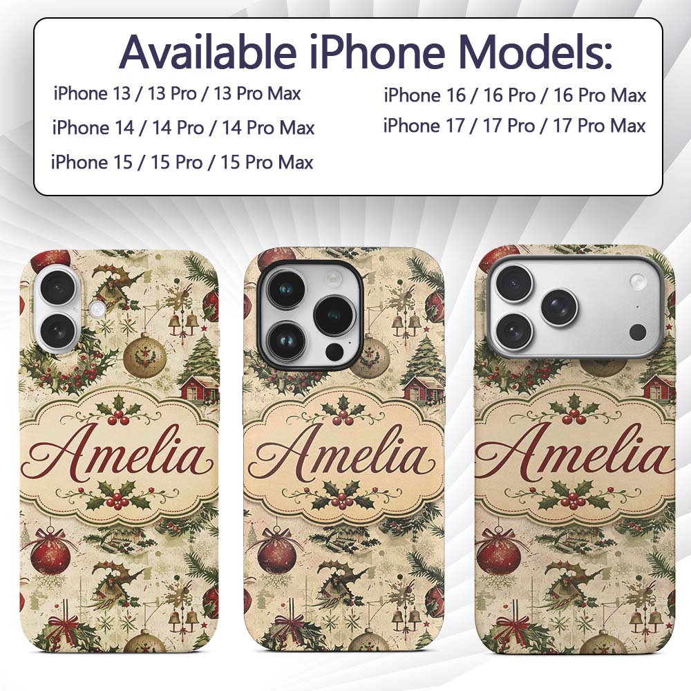 Vintage Christmas Wreaths Bells Baubles Seamless Custom Name Protective Phone Case Mobile Cover Durable Everyday Smartphone Shock Resistant