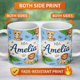 Personalized Custom Name Cute Jungle Animals Lion Tiger Leopard Tropical Leaves Sky Blue 11oz Ceramic Coffee Tea Mug White Large Handle