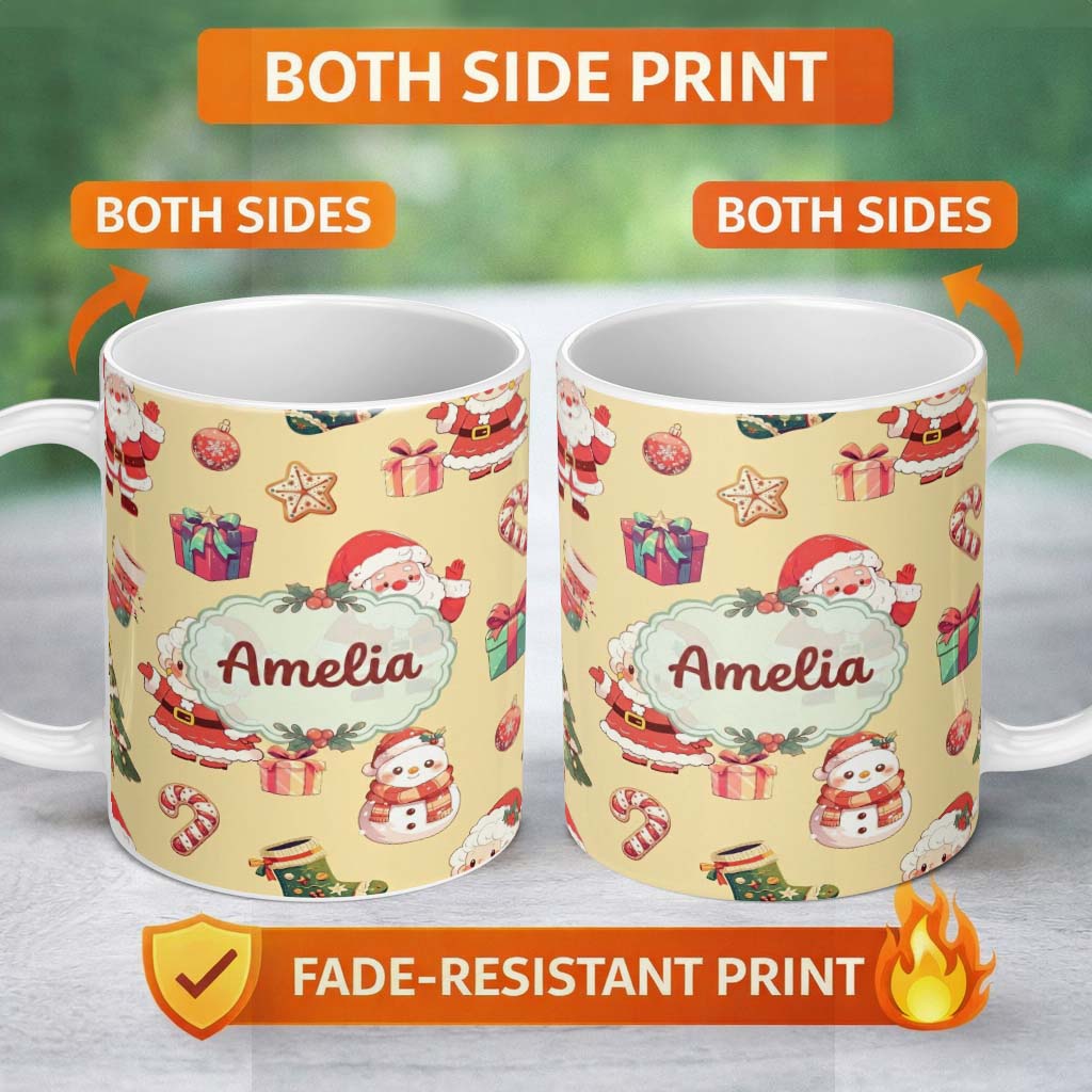 Personalized Custom Name Cute Santa Claus Mrs Claus Snowman Christmas Gift Candy Cane Yellow 11oz Ceramic Coffee Tea Mug White Large Handle
