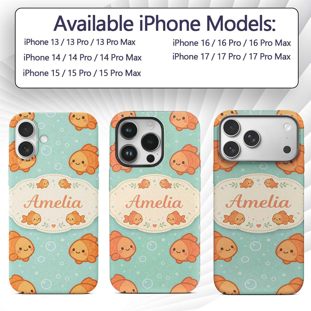 Cute Goldfish Cartoon Animal Ocean Printed Design Custom Name Protective Phone Case Mobile Cover Durable Everyday Smartphone Shock Resistant