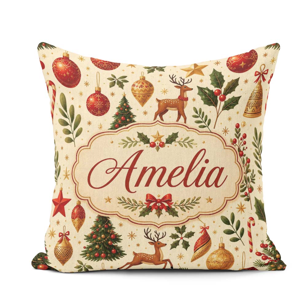 Custom Name Festive Reindeer Christmas Ornaments Pattern Holiday Square Filled Cushion Throw Pillow Sofa Bed Home Decor Zip Washable UK Made