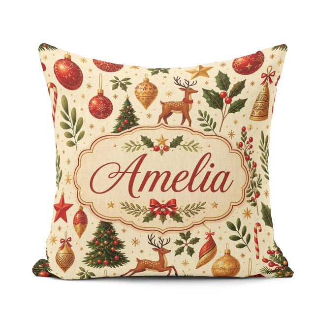 Custom Name Festive Reindeer Christmas Ornaments Pattern Holiday Square Filled Cushion Throw Pillow Sofa Bed Home Decor Zip Washable UK Made