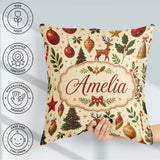 Custom Name Festive Reindeer Christmas Ornaments Pattern Holiday Square Filled Cushion Throw Pillow Sofa Bed Home Decor Zip Washable UK Made