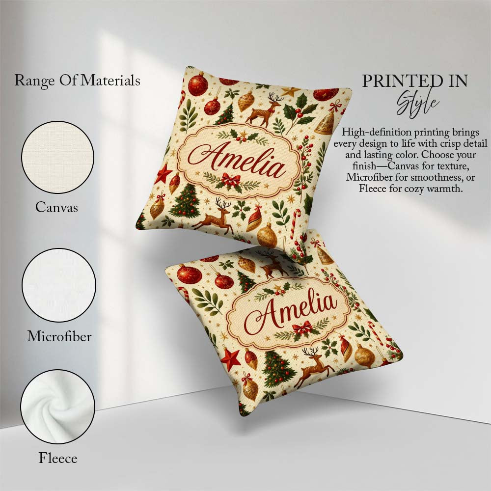 Custom Name Festive Reindeer Christmas Ornaments Pattern Holiday Square Filled Cushion Throw Pillow Sofa Bed Home Decor Zip Washable UK Made