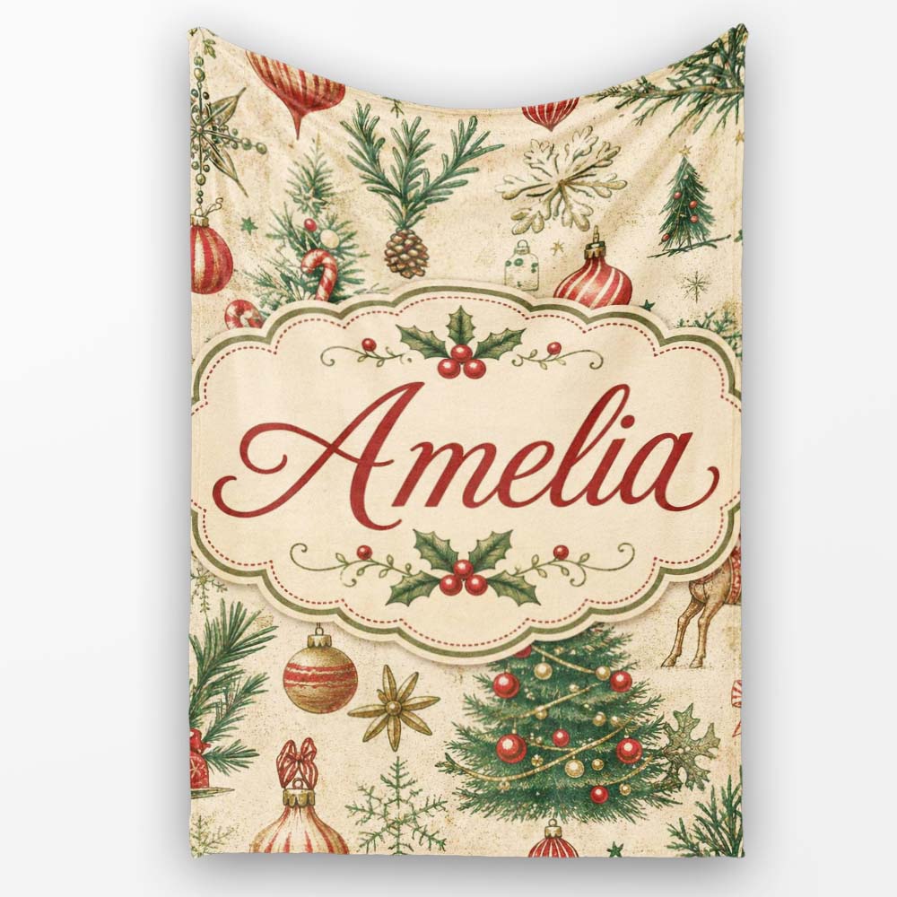 Vintage Woodland Christmas Tree Animals Ornaments Holiday Design  Personalised Custom Name Super Soft Fleece Blanket Bed Sofa Throw