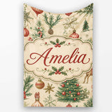 Vintage Woodland Christmas Tree Animals Ornaments Holiday Design  Personalised Custom Name Super Soft Fleece Blanket Bed Sofa Throw