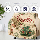 Vintage Woodland Christmas Tree Animals Ornaments Holiday Design  Personalised Custom Name Super Soft Fleece Blanket Bed Sofa Throw
