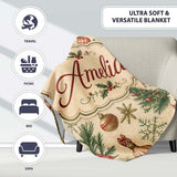 Vintage Woodland Christmas Tree Animals Ornaments Holiday Design  Personalised Custom Name Super Soft Fleece Blanket Bed Sofa Throw