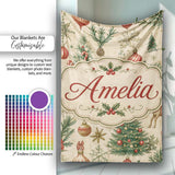 Vintage Woodland Christmas Tree Animals Ornaments Holiday Design  Personalised Custom Name Super Soft Fleece Blanket Bed Sofa Throw