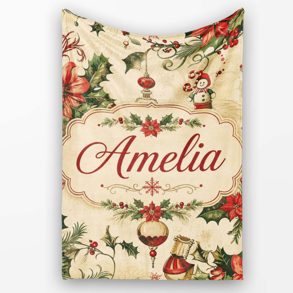Classic Christmas Holly Poinsettia Baubles Seamless Pattern Festive  Personalised Custom Name Super Soft Fleece Blanket Bed Sofa Throw