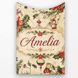 Classic Christmas Holly Poinsettia Baubles Seamless Pattern Festive  Personalised Custom Name Super Soft Fleece Blanket Bed Sofa Throw