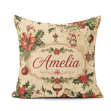 Custom Name Classic Christmas Poinsettia Baubles Pattern Festive Square Filled Cushion Throw Pillow Sofa Bed Home Decor Zip Washable UK Made