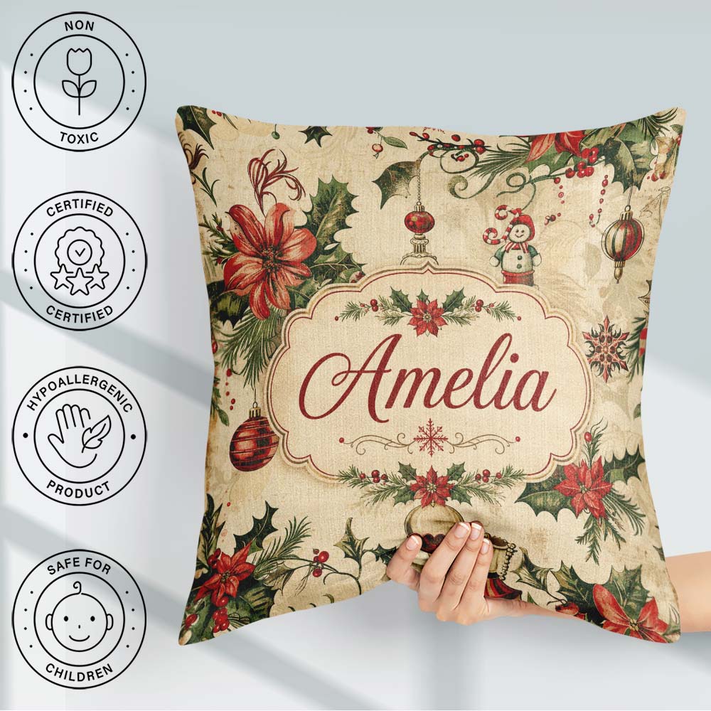 Custom Name Classic Christmas Poinsettia Baubles Pattern Festive Square Filled Cushion Throw Pillow Sofa Bed Home Decor Zip Washable UK Made