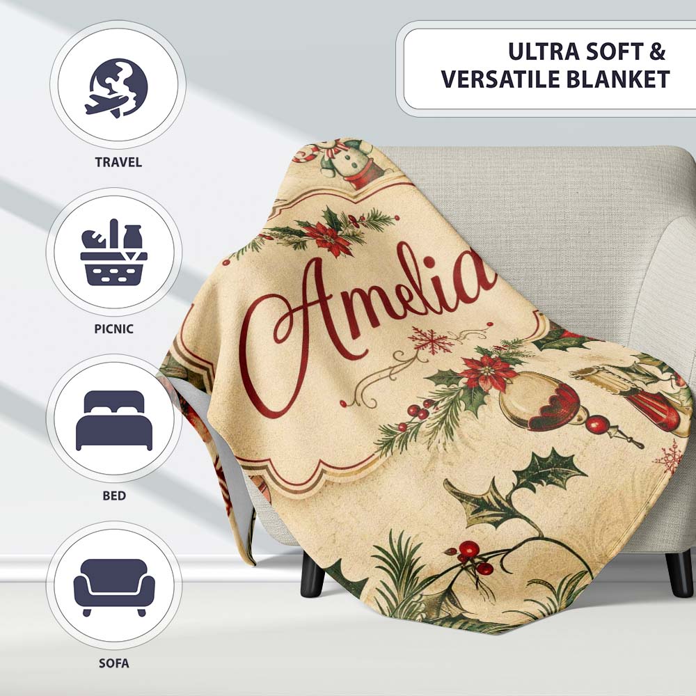 Classic Christmas Holly Poinsettia Baubles Seamless Pattern Festive  Personalised Custom Name Super Soft Fleece Blanket Bed Sofa Throw