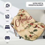 Classic Christmas Holly Poinsettia Baubles Seamless Pattern Festive  Personalised Custom Name Super Soft Fleece Blanket Bed Sofa Throw
