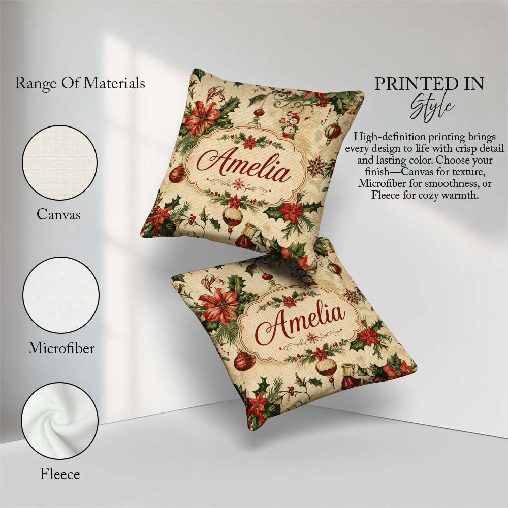 Custom Name Classic Christmas Poinsettia Baubles Pattern Festive Square Filled Cushion Throw Pillow Sofa Bed Home Decor Zip Washable UK Made