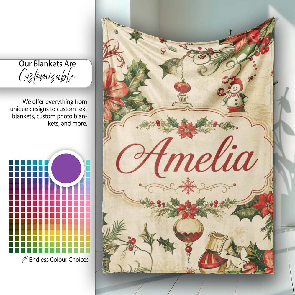 Classic Christmas Holly Poinsettia Baubles Seamless Pattern Festive  Personalised Custom Name Super Soft Fleece Blanket Bed Sofa Throw