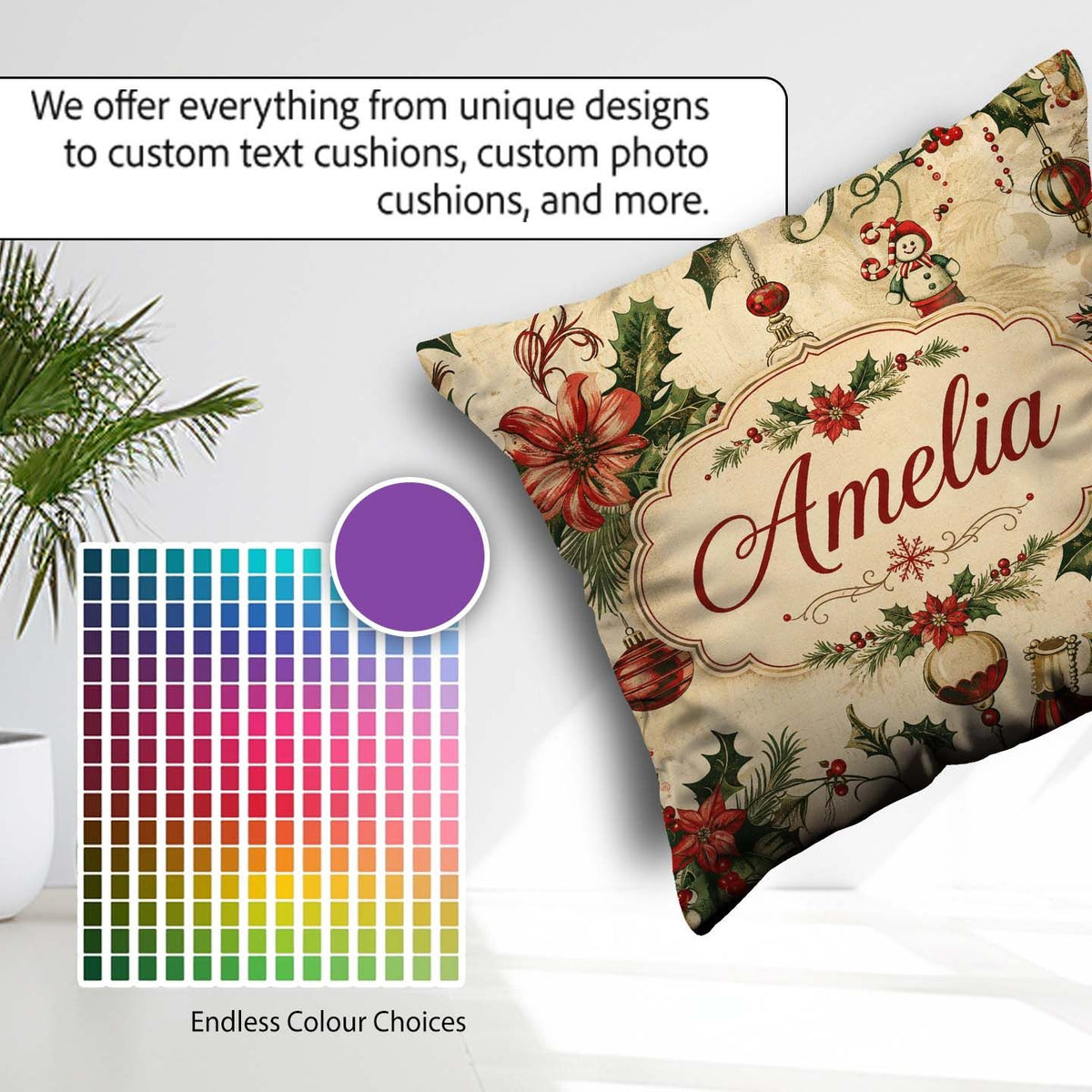 Custom Name Classic Christmas Poinsettia Baubles Pattern Festive Square Filled Cushion Throw Pillow Sofa Bed Home Decor Zip Washable UK Made