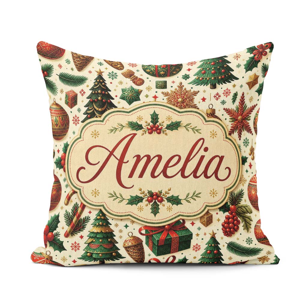 Custom Name Christmas Tree Ornaments Candy Canes Festive Design Square Filled Cushion Throw Pillow Sofa Bed Home Decor Zip Washable UK Made