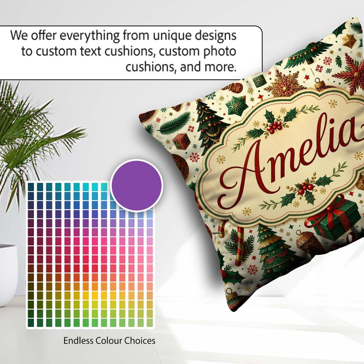 Custom Name Christmas Tree Ornaments Candy Canes Festive Design Square Filled Cushion Throw Pillow Sofa Bed Home Decor Zip Washable UK Made