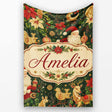 Vintage Santa Claus Reindeer Poinsettia Seamless Pattern Festive  Personalised Custom Name Super Soft Fleece Blanket Bed Sofa Throw