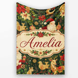 Vintage Santa Claus Reindeer Poinsettia Seamless Pattern Festive  Personalised Custom Name Super Soft Fleece Blanket Bed Sofa Throw