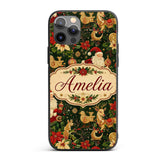 Vintage Santa Claus Reindeer Poinsettia Seamless Custom Name Protective Phone Case Mobile Cover Durable Everyday Smartphone Shock Resistant