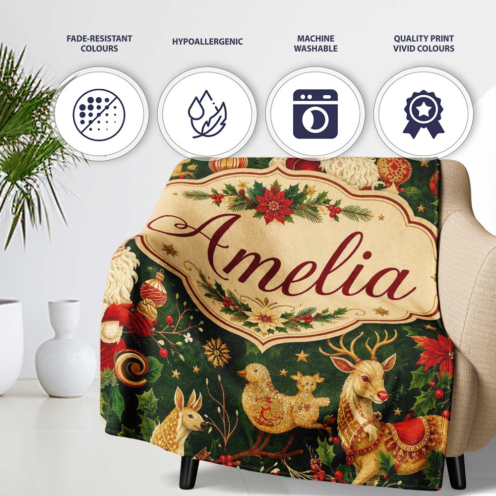 Vintage Santa Claus Reindeer Poinsettia Seamless Pattern Festive  Personalised Custom Name Super Soft Fleece Blanket Bed Sofa Throw