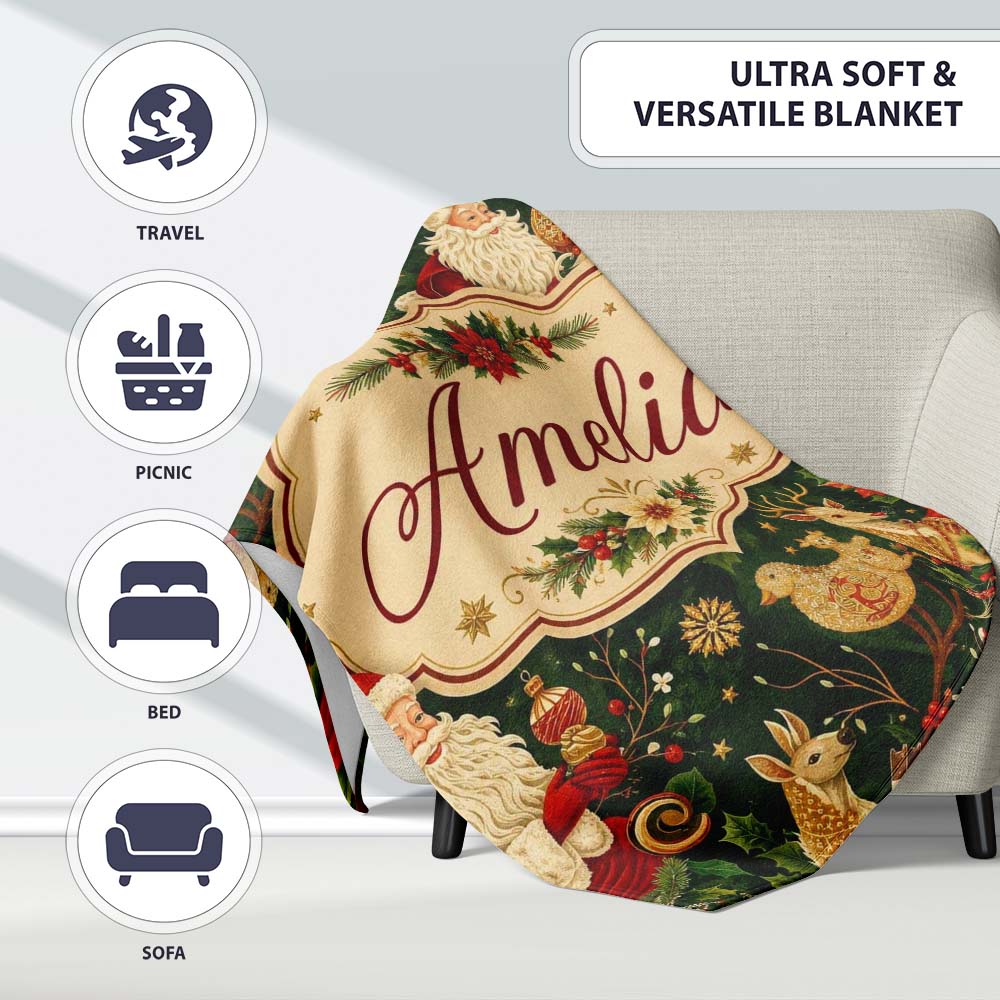 Vintage Santa Claus Reindeer Poinsettia Seamless Pattern Festive  Personalised Custom Name Super Soft Fleece Blanket Bed Sofa Throw