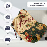 Vintage Santa Claus Reindeer Poinsettia Seamless Pattern Festive  Personalised Custom Name Super Soft Fleece Blanket Bed Sofa Throw