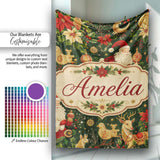 Vintage Santa Claus Reindeer Poinsettia Seamless Pattern Festive  Personalised Custom Name Super Soft Fleece Blanket Bed Sofa Throw