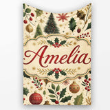 Vintage Christmas Trees Holly Berries Baubles Festive Holiday Design  Personalised Custom Name Super Soft Fleece Blanket Bed Sofa Throw