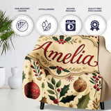 Vintage Christmas Trees Holly Berries Baubles Festive Holiday Design  Personalised Custom Name Super Soft Fleece Blanket Bed Sofa Throw