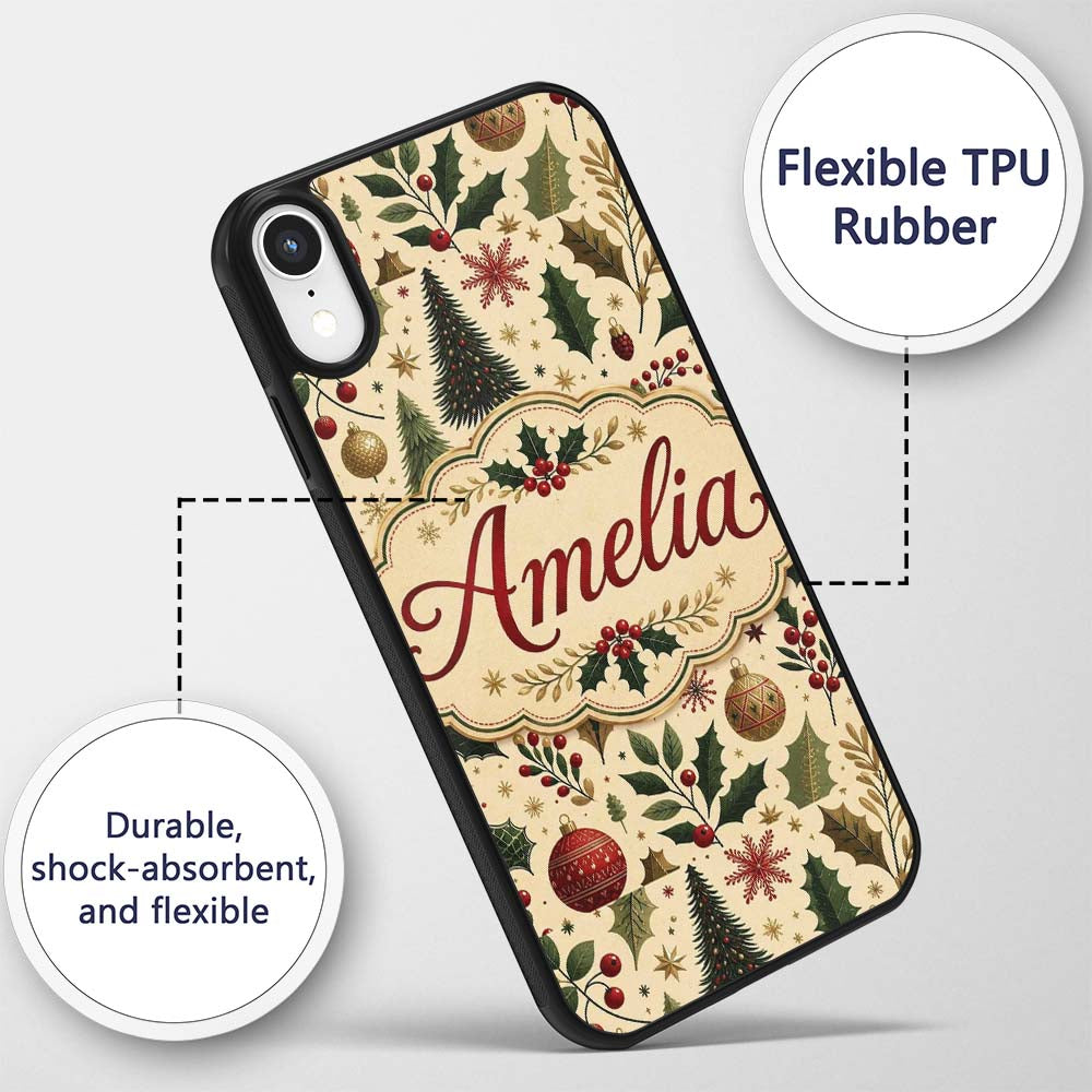 Vintage Christmas Trees Holly Berries Baubles Custom Name Protective Phone Case Mobile Cover Durable Everyday Smartphone Shock Resistant